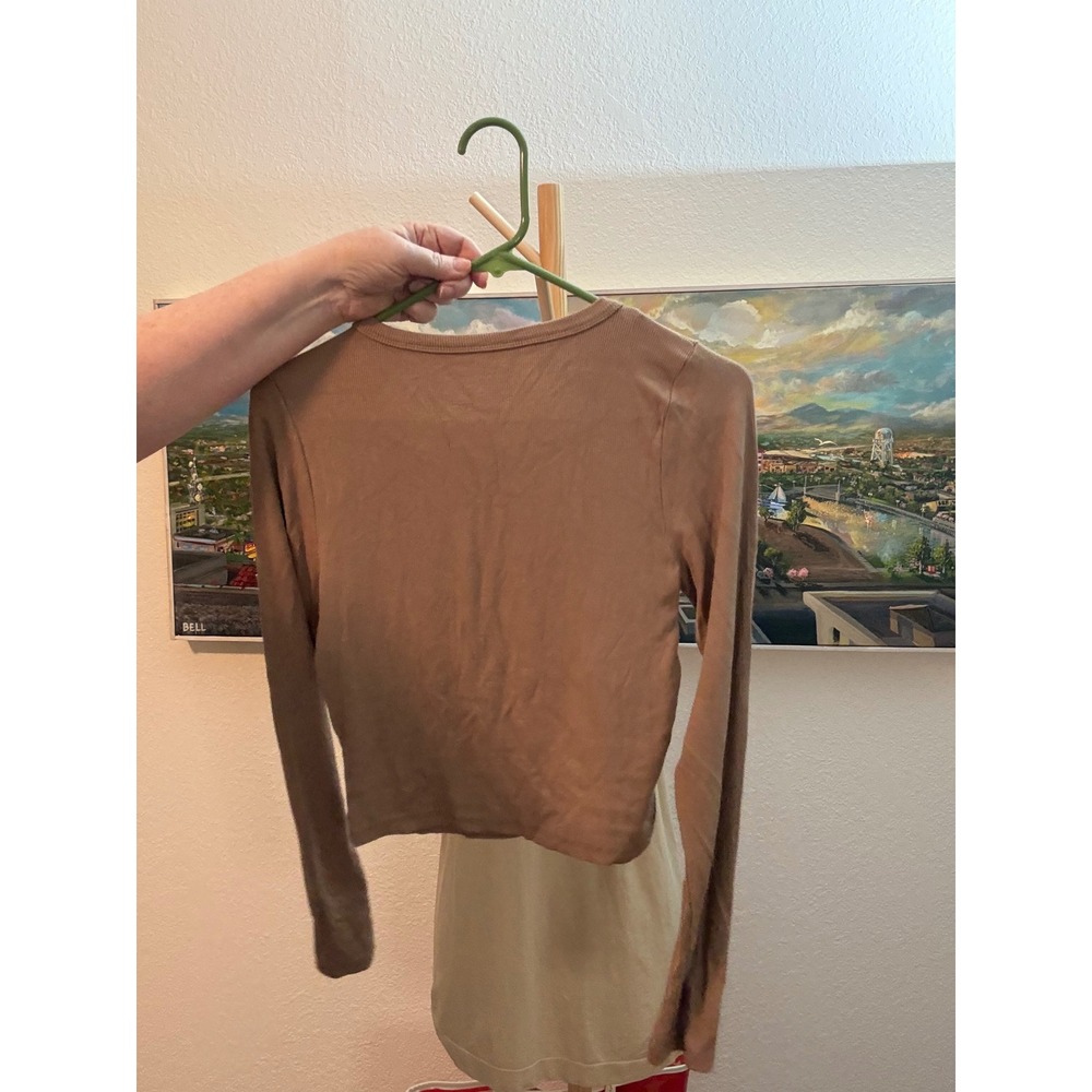 Better Together Crop Top Women Medium Brown Ribbed Long Sleeve Crew Neck